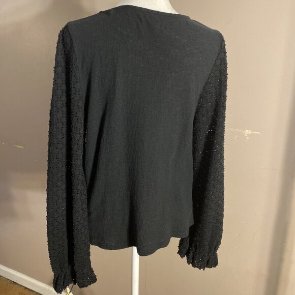 Madewell Crewneck Sweater Black Open Knit Sleeves Ruffle Cuffs100% Cotton Wms Sz - Picture 4 of 8